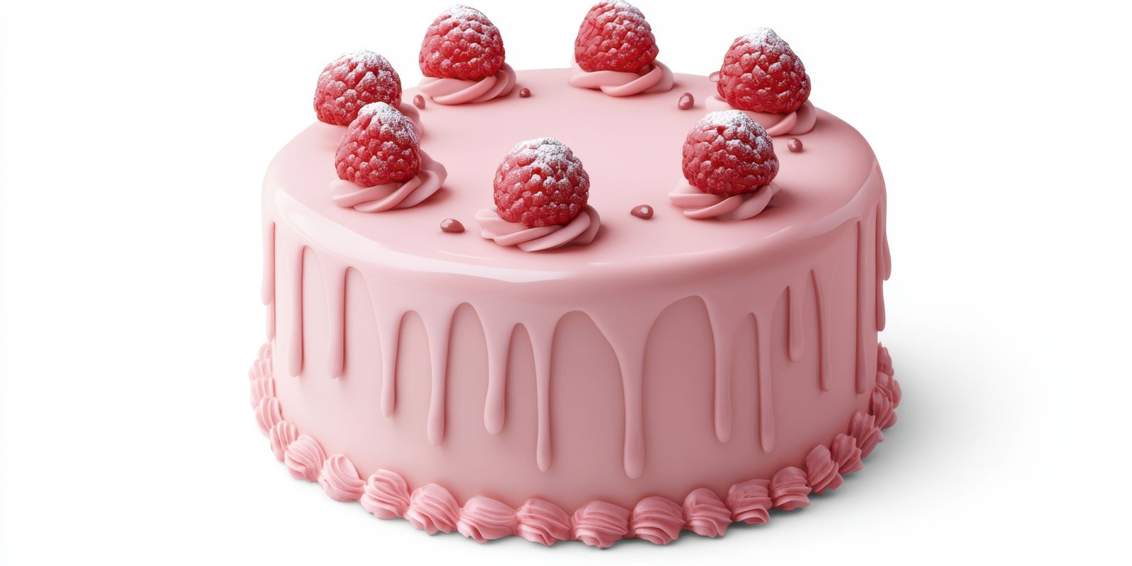 Beautiful pink raspberry cake with decorative frosting and fresh berries on top